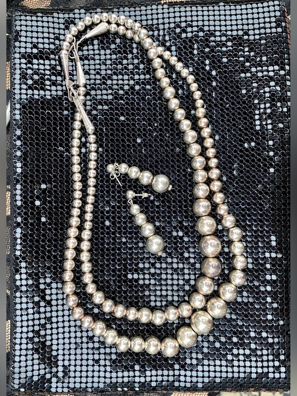 VTG NAVAJO Sterling Silver Pearl Double Strand Bead Necklace &Matching Earrings